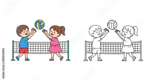Cute cartoon children playing volleyball vector illustration set with coloring page outline. Happy boy and girl hitting ball over net isolated on white background for kids education and leisure.