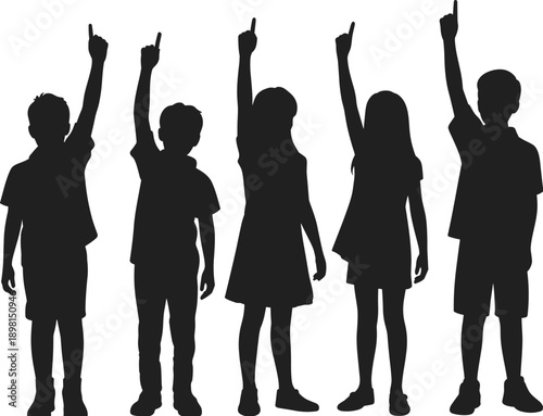 Children,raising,hands,silhouette,education,learning,school,students,answer,question,classroom,participation,success,teamwork,kids,black,isolated,white,background,vector