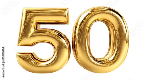Golden metallic foil balloon number 50, isolated on white background.
