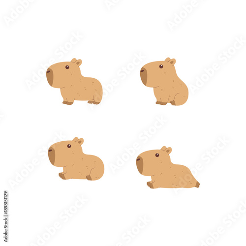 Cute capybara flat design style collection, vector illustration