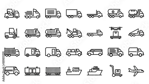 Collection of Various Vehicle Icons Outlined.