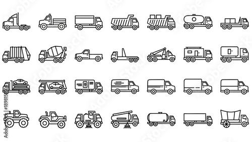 Collection of Various Vehicles and Machinery Icons.