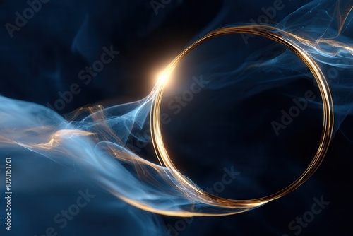 Gold ring surrounded by blue smoke and glow, ethereal golden circle floats against dark navy backdrop with soft shimmering particles, graceful motion and mysterious premium atmosphere for luxury