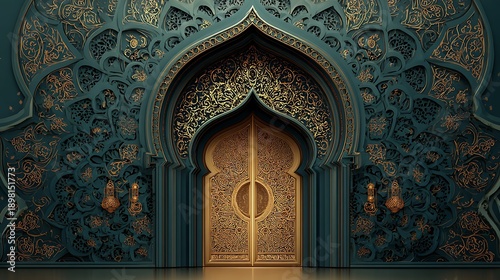 Grand teal and gold archway with ornate golden door, Islamic architectural style