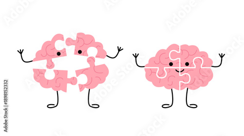 Happy completed brain puzzle and broken brain puzzle cartoon character. Mental health concept for psychology and awareness. Vector illustration