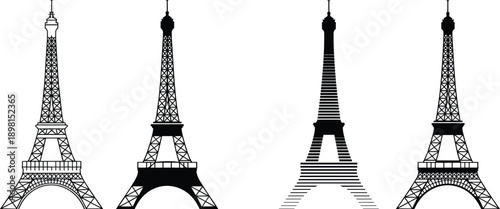 Eiffel,Tower,silhouette,icon,set,Paris,landmark,France,architecture,monument,travel,city,skyline,vector,illustration,outline,design,isolated,white,background