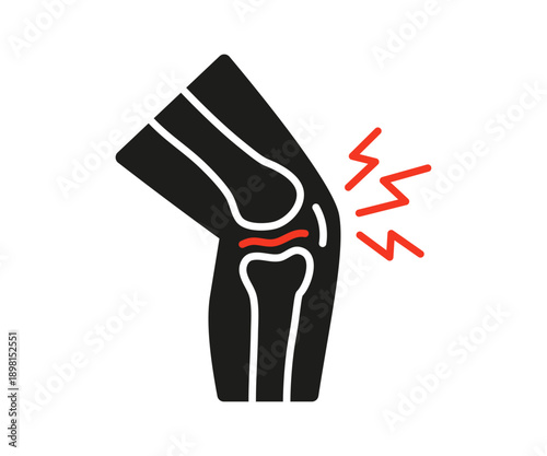 Human knee joint with pain meniscus icon. Arthritis or injury in orthopedic medicine and medical care concept. Red lightning symbol for discomfort. Vector illustration