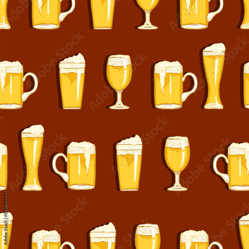 Vector Seamless Pattern of Cartoon Beer Glasses
