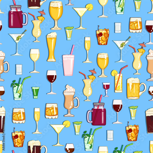 Vector Seamless Pattern of Cartoon Cocktails