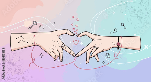 Vector illustration of a woman and man holding hands to form a heart shape symbol as a romantic valentine concept of love and care