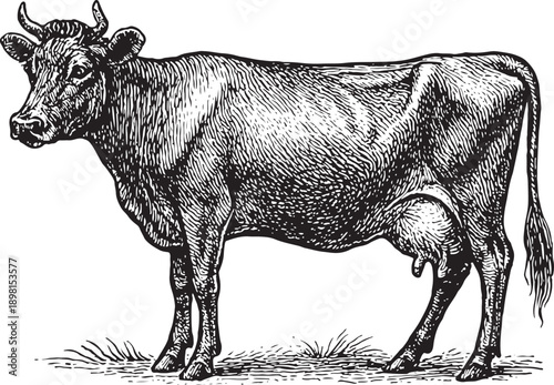 A cow is standing in a field. A cow is standing in a field. It has a white spot on its back