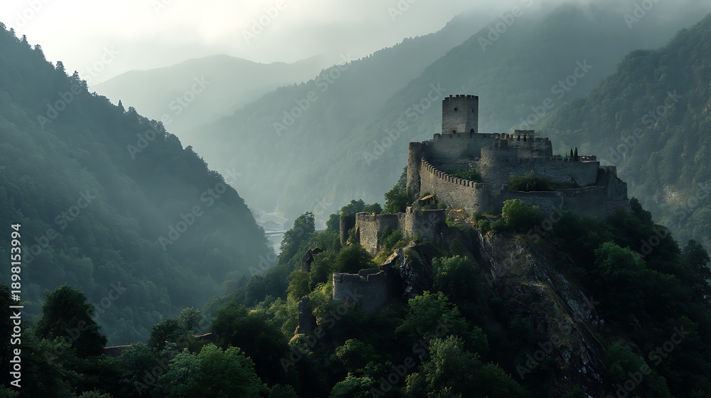 Obraz premium Ancient Stone Castle on Misty Mountain Hilltop Surrounded by Forest