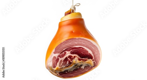 A cured ham hock hangs from a string against a Transparent Background.