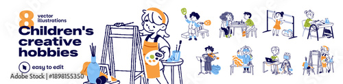 Creative child hobbies set. Children are drawing, dancing, playing chess and music instruments. Kids are interested in art activities, science. Flat isolated outline vector illustrations on white