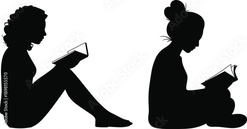 Girl,reading,book,silhouette,child,education,learning,study,student,literacy,knowledge,school,home,quiet,focus,black,isolated,white,background,vector