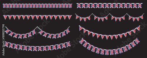 British bunting set with UK flags. Great Britain flags garland. Union Jack decoration for celebrate, party or festival. Vector illustration.
