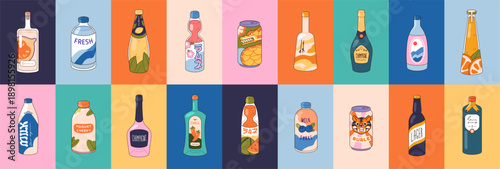 Colourful collage with set of different beverages. Banner design with various drinks in glass and plastic bottles. Sparkling water soda can, alcohol, juice, oil and milk. Flat vector illustration