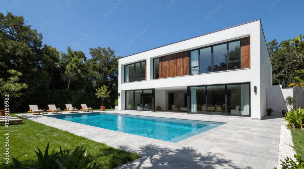 Fototapeta premium Modern Architecture Home Exterior with Swimming Pool, Landscaping, and Contemporary Design on a Sunny Day