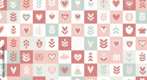 Seamless pink vector pattern set with vintage flowers and hearts for Valentine's Day wedding cards and baby fashion gift decoration