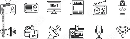 Media icons, communication tools, news symbols, vintage TV, radio, microphone, satellite dish, press badge, Wi-Fi signal, journalism graphic, line art