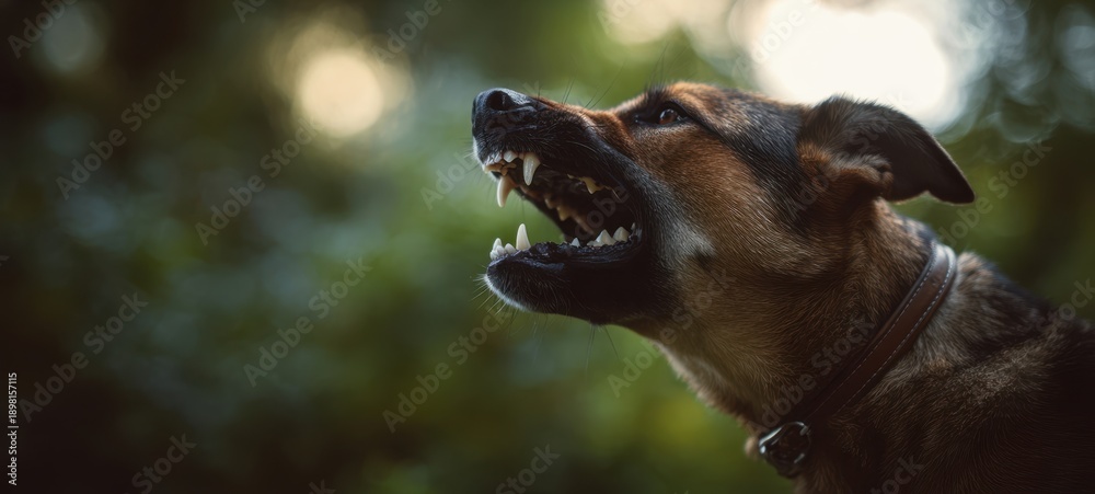 Naklejka premium The dog snarling fiercely with bared teeth in moody outdoor portrait