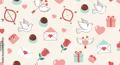 Seamless pink vector pattern set with vintage flowers and hearts for Valentine's Day wedding cards and baby fashion gift decoration