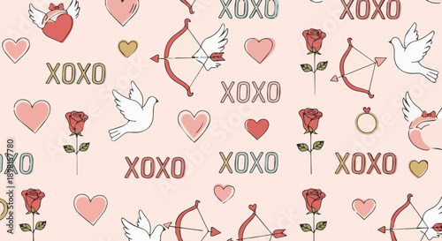 Romantic vector illustration of a seamless floral pattern with hearts and pink flowers for a Valentine Day wedding invitation or holiday greeting card design