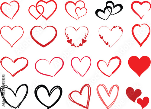 Heart icon set with different shapes.Set red shape heart icon, vector set heart shape, lovers on Valentines day.Heart doodles set. Hand drawn hearts collection. Romance and love illustrations.