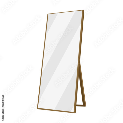 Big large floor mirror on stand with golden frame. Home room interior accessory, modern reflection object, rectangular shape. Full-length rectangle frame isolated. colored flat vector illustration