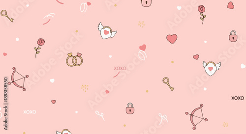 Seamless pink heart vector pattern with floral elements and butterflies for a romantic Valentine wallpaper or baby celebration card design