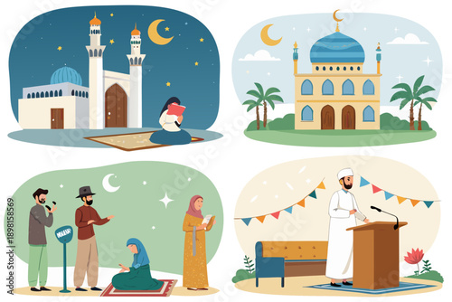 Set of Ramadan and Eid Celebrations Vector Illustrations. Islamic Holiday Festival Activities Illustration Pack. 