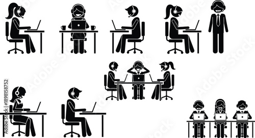 Customer support call center icons set, remote workers using laptops, teamwork communication, help desk service, business technology vector illustration, isolated
