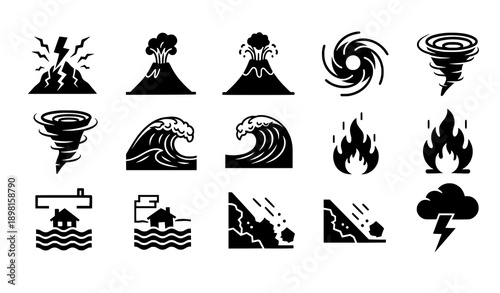 Natural disaster hazard silhouette icon set catastrophe vector