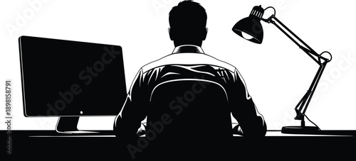 Man working at computer silhouette, late night office desk, focused professional, modern workspace, productivity concept, isolated black illustration on white