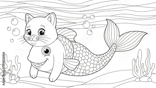 Adorable cartoon cat-mermaid character swimming underwater, whimsical children's coloring page illustration, outline art.