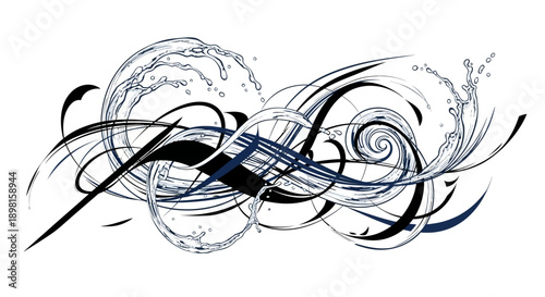 An abstract black flowing wave illustration with swirling curves and dynamic motion lines, representing creativity, energy, movement, imagination, and modern artistic expression; ideal for graphic des