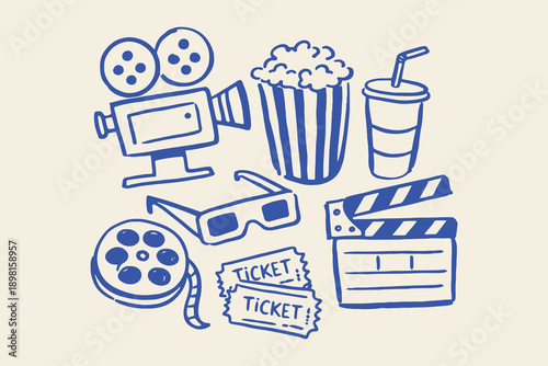 Cinema doodle icons popcorn camera tickets vector illustration