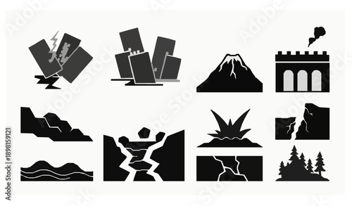 Geological and emergency disaster silhouette icon set vector
