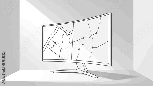 Black and white illustration of a modern curved monitor displaying a digital map with navigation routes and location tracking technology.