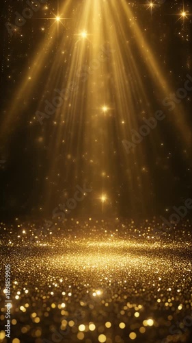 Golden stage lighting illuminates a sparkling glitter floor, creating a magical and luxurious background for celebrations, awards, or festive events with glowing light rays and brilliant particles