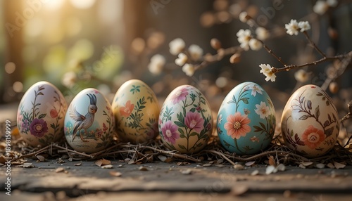 Painted easter eggs resting in a natural nest with soft flowers and warm sunlight, creating a peaceful spring mood.