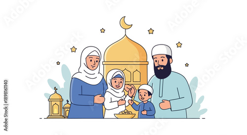 Smiling Muslim Family Celebrating Together in a Vibrant Cultural Scene