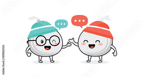 Two cute round cartoon characters wearing colorful winter hats talk to each other using speech bubbles on a white surface.