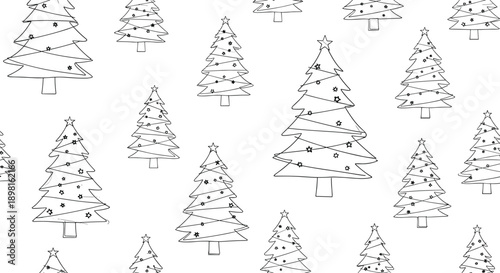 Seamless pattern of hand drawn Christmas trees with star toppers and decorative garlands on a clean white background for holiday design.