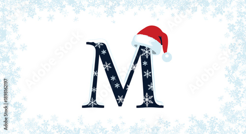 Decorative capital letter M filled with white snowflakes and wearing a red Santa hat on a wintry background with a frosty snowflake frame.
