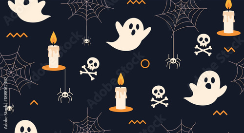 Seamless Halloween pattern on a dark background featuring white ghosts, skulls, lit candles, spider webs, and spiders for spooky decor.
