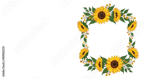 Square floral frame made of bright yellow sunflowers and green leaves on a white background for a summer or fall themed invitation border.