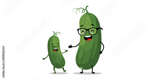 Cheerful father and son cucumber characters with happy faces and glasses standing together on a plain white background.