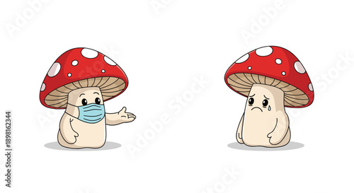 Two mushroom characters depicting social distancing with one wearing a surgical mask and the other looking sad and crying.