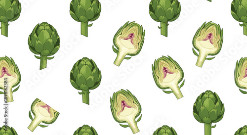Seamless pattern of whole green artichokes and halved pieces with purple centers is scattered over a white background.